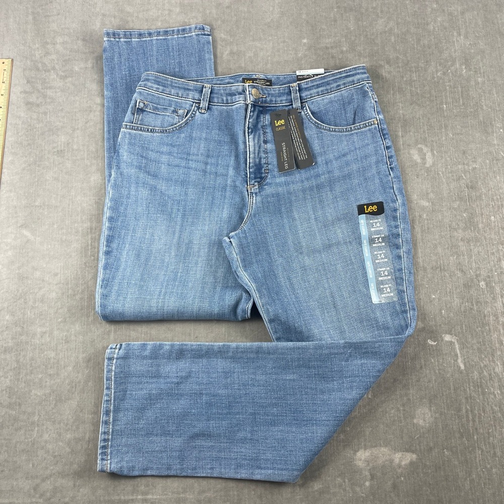 Lee Women 14 Medium Inspire Blue Straight Leg Jeans Instantly Slims Relaxed Fit